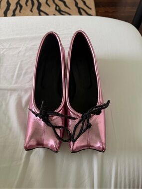 Metallic Pink Square-Toe Ballet Flats with Tie Detail